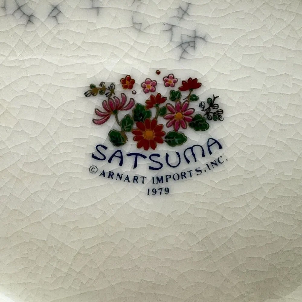 Satsuma 1979 Peacock Floral Porcelain Fan Shaped Pedestal Dish Gold Trim